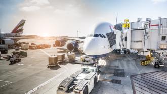 Airplanes docked at an airport.